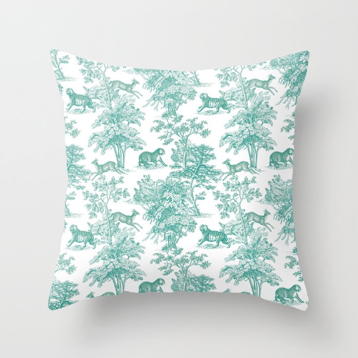 Toile de Jouy Vintage French Exotic Jungle Forest Teal & White Throw Pillow Gallery Image 6