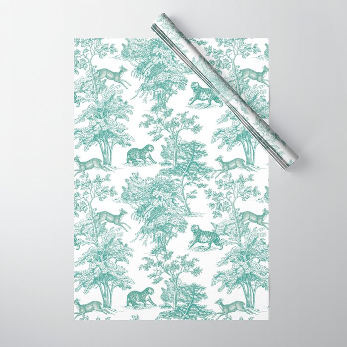 Toile de Jouy Vintage French Exotic Jungle Forest Teal & White Wrapping Paper Gallery Image 1