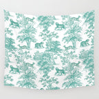 Toile de Jouy Vintage French Exotic Jungle Forest Teal & White Wall Tapestry Gallery Image 4