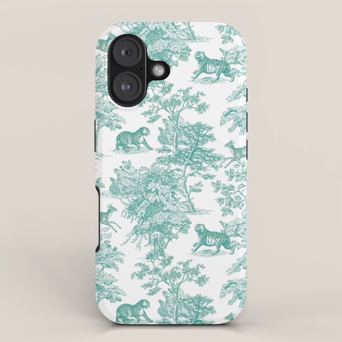 Toile de Jouy Vintage French Exotic Jungle Forest Teal & White iPhone Case Gallery Image 1