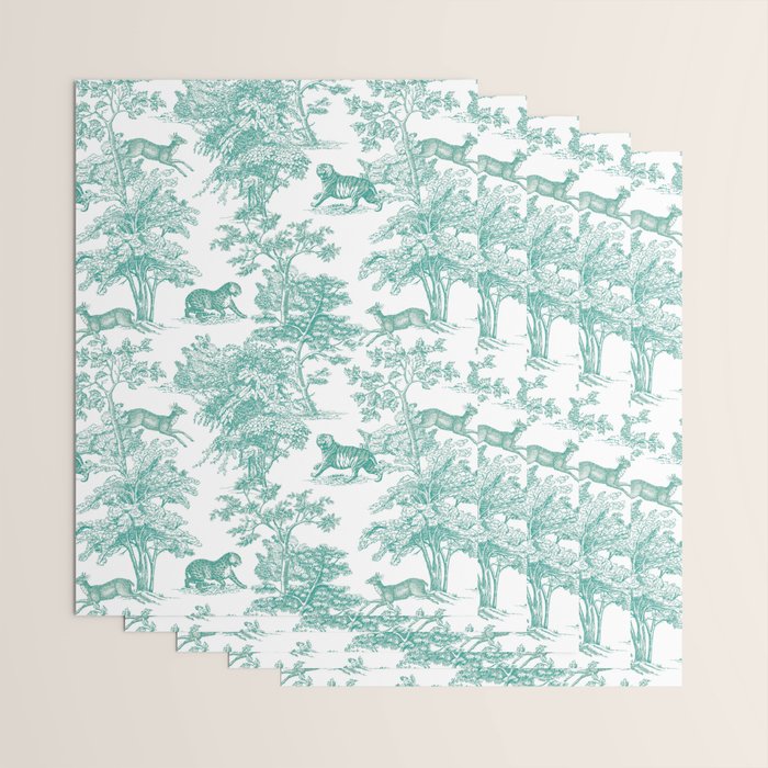Toile de Jouy Vintage French Exotic Jungle Forest Teal & White Wrapping Paper Gallery Image 3