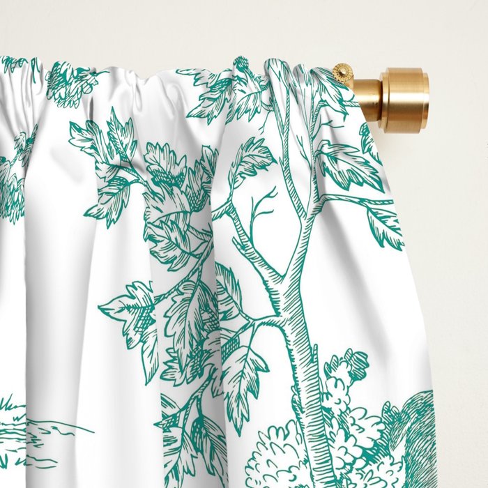 Toile de Jouy Vintage French Exotic Jungle Forest Teal & White Window Curtain Gallery Image 2