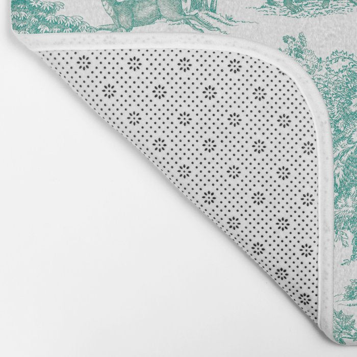 Toile de Jouy Vintage French Exotic Jungle Forest Teal & White Bath Mat Gallery Image 2