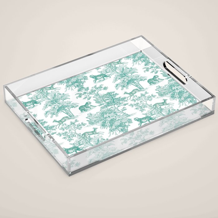 Toile de Jouy Vintage French Exotic Jungle Forest Teal & White Acrylic Tray Gallery Image 1