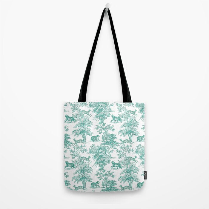 Toile de Jouy Vintage French Exotic Jungle Forest Teal & White Tote Bag Gallery Image 2