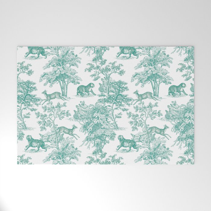 Toile de Jouy Vintage French Exotic Jungle Forest Teal & White Welcome Mat Gallery Image 1