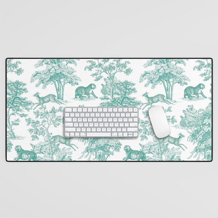 Toile de Jouy Vintage French Exotic Jungle Forest Teal & White Desk Mat Gallery Image 1