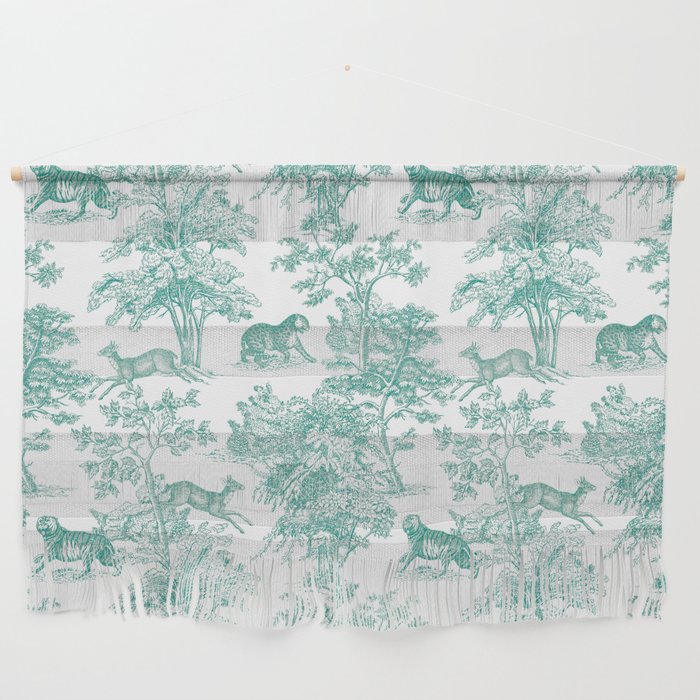 Toile de Jouy Vintage French Exotic Jungle Forest Teal & White Wall Hanging Gallery Image 1