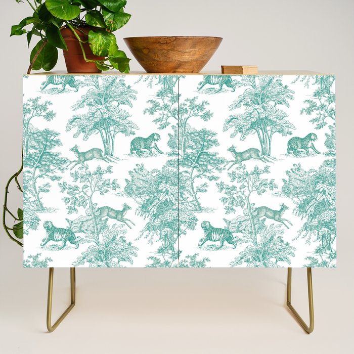 Toile de Jouy Vintage French Exotic Jungle Forest Teal & White Credenza Gallery Image 1