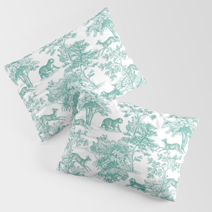 Toile de Jouy Vintage French Exotic Jungle Forest Teal & White Pillow Sham Gallery Image 1