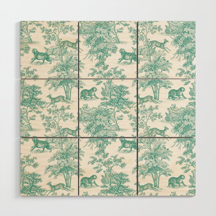 Toile de Jouy Vintage French Exotic Jungle Forest Teal & White Wood Wall Art Gallery Image 1