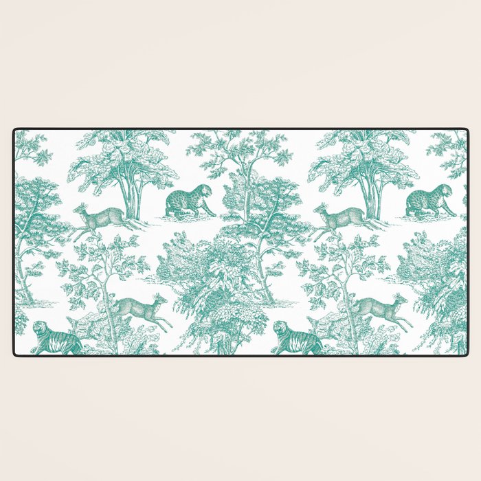 Toile de Jouy Vintage French Exotic Jungle Forest Teal & White Desk Mat Gallery Image 3