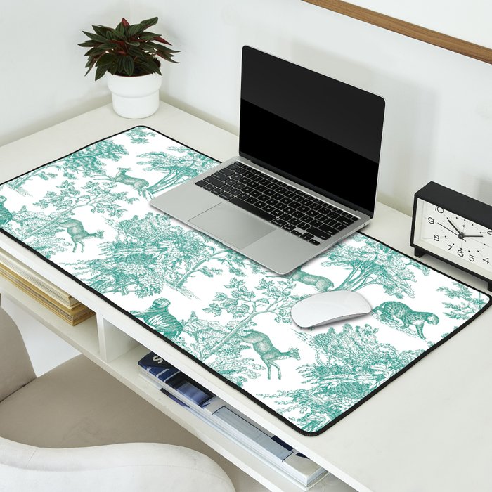 Toile de Jouy Vintage French Exotic Jungle Forest Teal & White Desk Mat Gallery Image 2