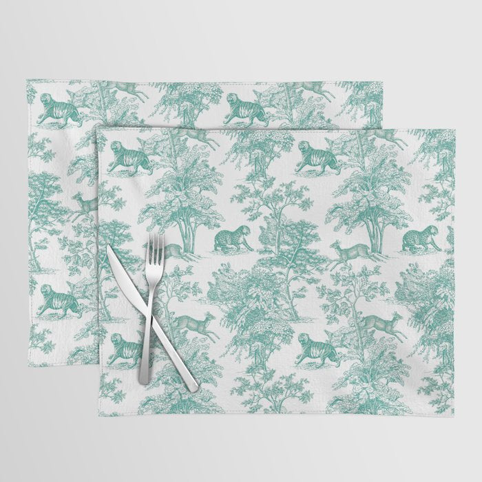 Toile de Jouy Vintage French Exotic Jungle Forest Teal & White Placemat Gallery Image 1