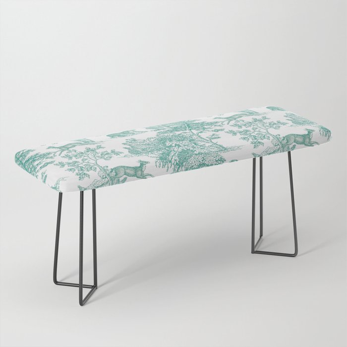 Toile de Jouy Vintage French Exotic Jungle Forest Teal & White Bench Gallery Image 1