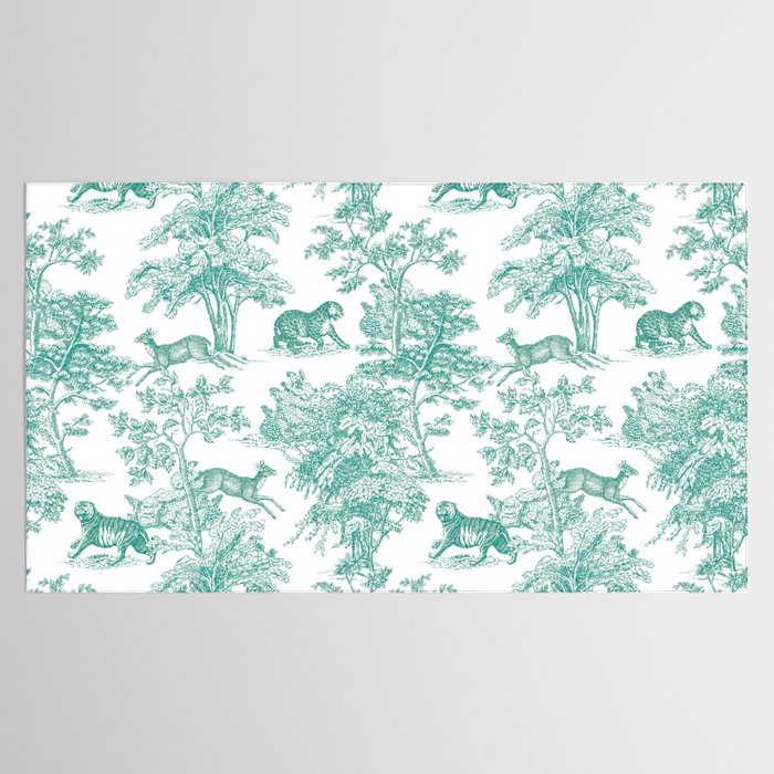 Toile de Jouy Vintage French Exotic Jungle Forest Teal & White Tablecloth Gallery Image 2