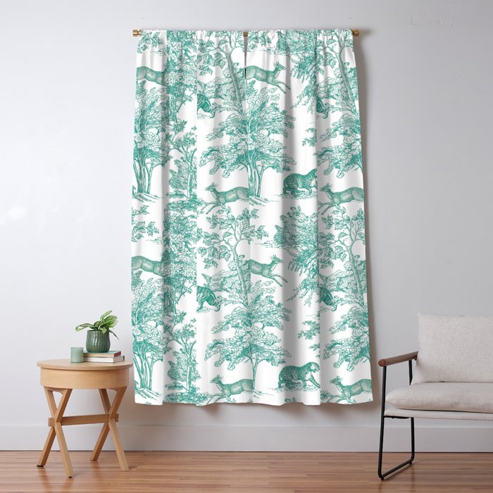 Toile de Jouy Vintage French Exotic Jungle Forest Teal & White Window Curtain Gallery Image 1