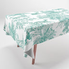 Toile de Jouy Vintage French Exotic Jungle Forest Teal & White Tablecloth Gallery Image 1