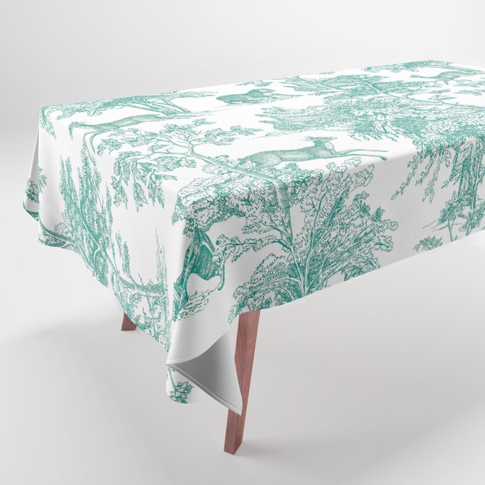 Toile de Jouy Vintage French Exotic Jungle Forest Teal & White Tablecloth Gallery Image 1