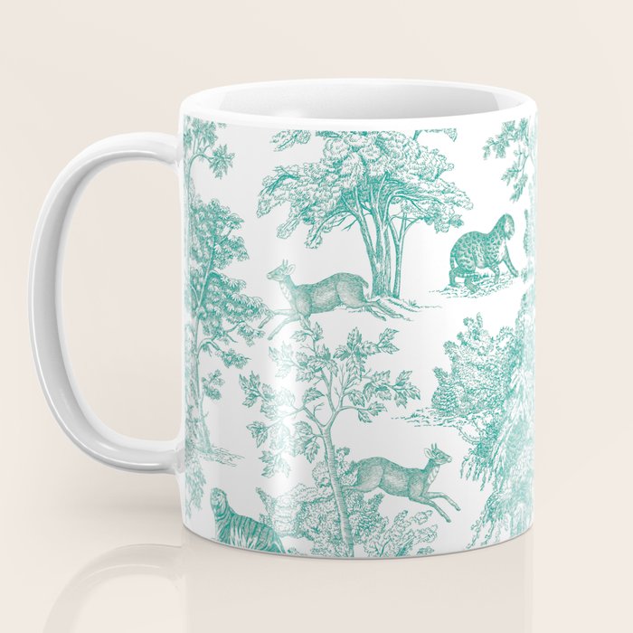 Toile de Jouy Vintage French Exotic Jungle Forest Teal & White Coffee Mug Gallery Image 3