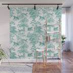 Toile de Jouy Vintage French Exotic Jungle Forest Teal & White Wall Mural Gallery Image 1