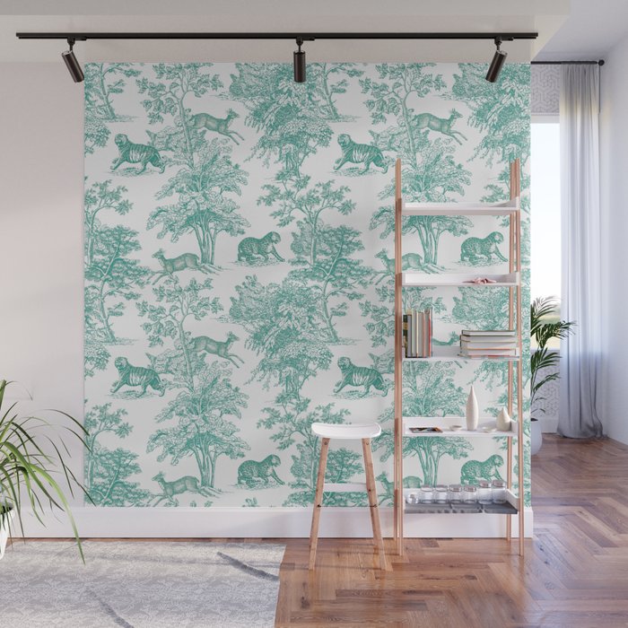Toile de Jouy Vintage French Exotic Jungle Forest Teal & White Wall Mural Gallery Image 1