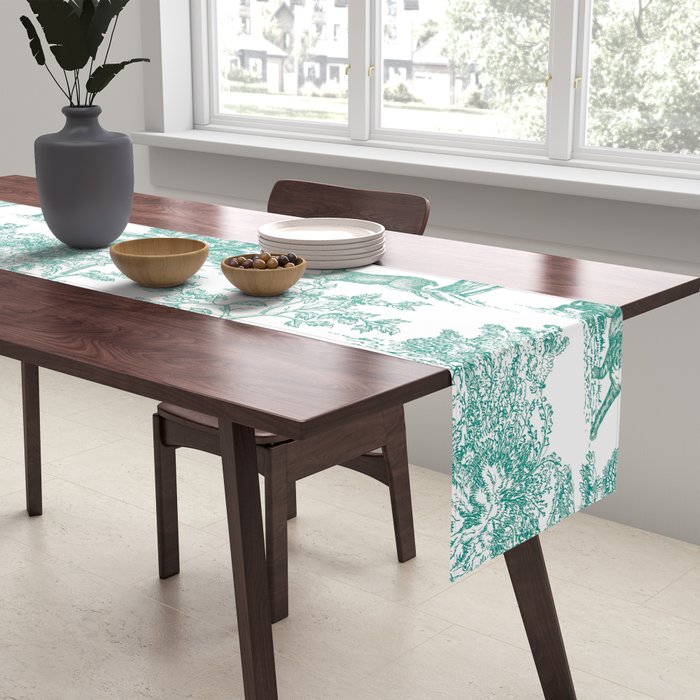 Toile de Jouy Vintage French Exotic Jungle Forest Teal & White Table Runner Gallery Image 2