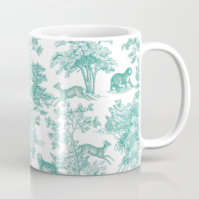 Toile de Jouy Vintage French Exotic Jungle Forest Teal & White Coffee Mug Gallery Image 1