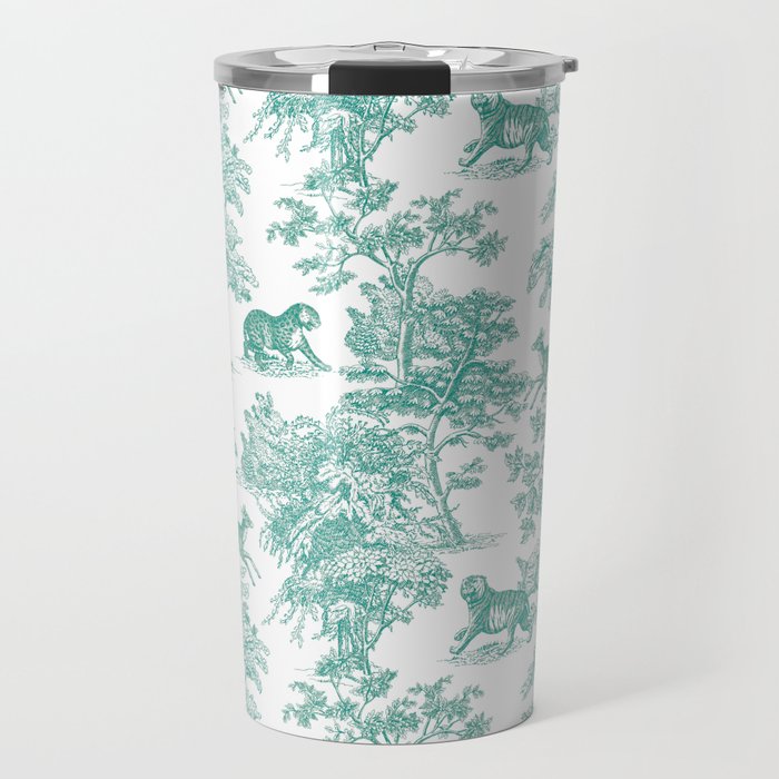 Toile de Jouy Vintage French Exotic Jungle Forest Teal & White Travel Mug Gallery Image 1