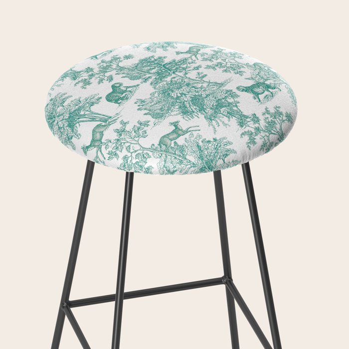 Toile de Jouy Vintage French Exotic Jungle Forest Teal & White Stool Gallery Image 2