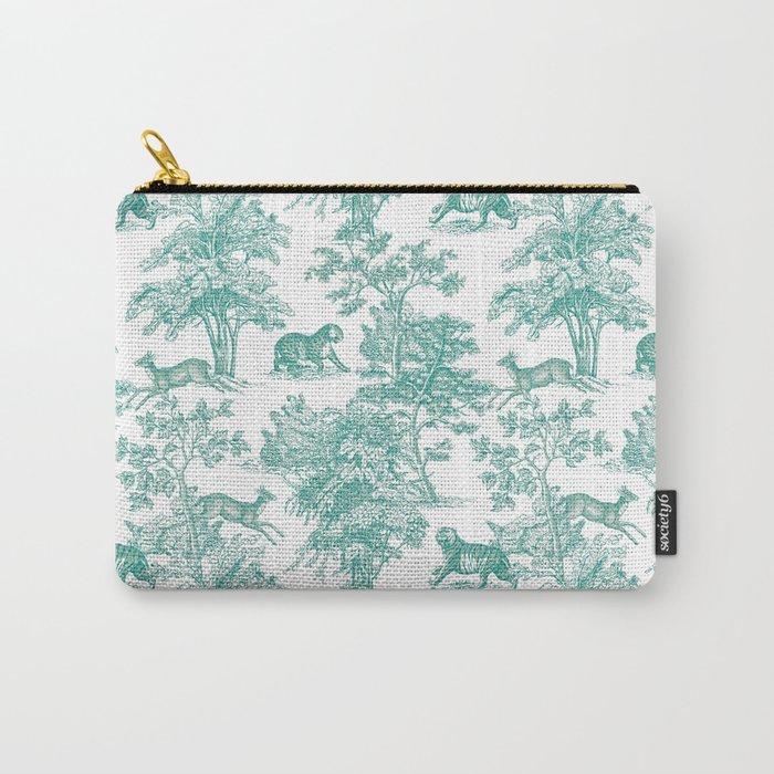 Toile de Jouy Vintage French Exotic Jungle Forest Teal & White Carry All Pouch Gallery Image 1