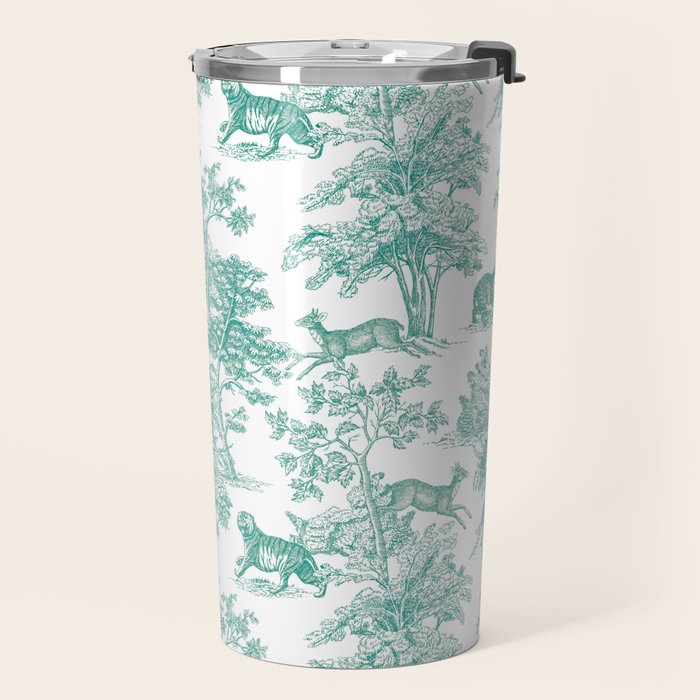 Toile de Jouy Vintage French Exotic Jungle Forest Teal & White Travel Mug Gallery Image 2