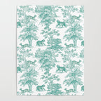 Toile de Jouy Vintage French Exotic Jungle Forest Teal & White Poster Gallery Image 4