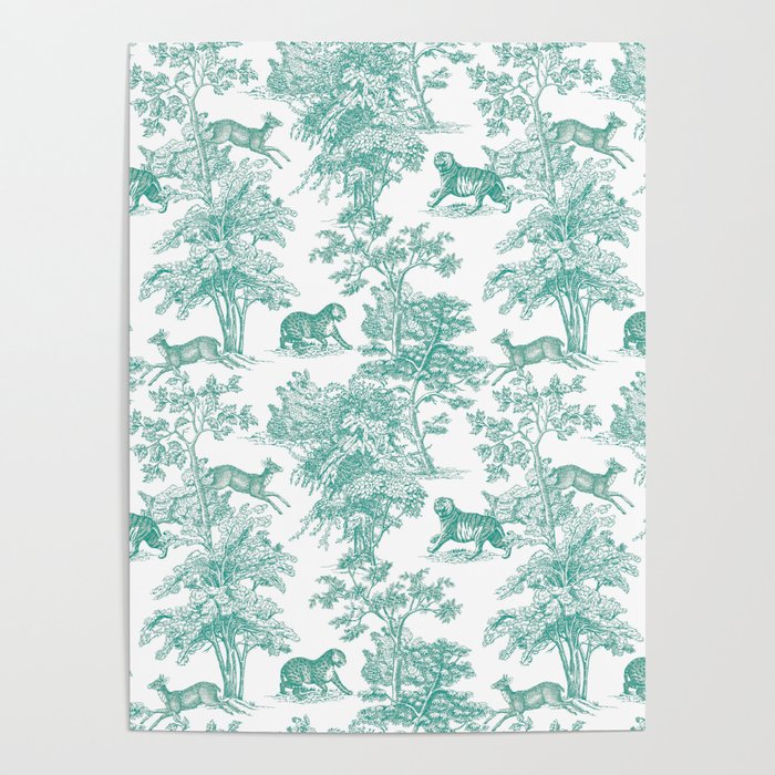 Toile de Jouy Vintage French Exotic Jungle Forest Teal & White Poster Gallery Image 4