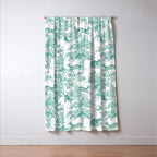 Toile de Jouy Vintage French Exotic Jungle Forest Teal & White Window Curtain Gallery Image 3