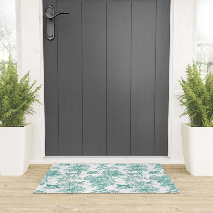 Toile de Jouy Vintage French Exotic Jungle Forest Teal & White Welcome Mat Gallery Image 3