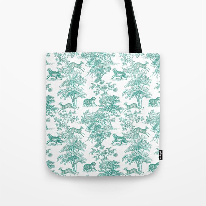 Toile de Jouy Vintage French Exotic Jungle Forest Teal & White Tote Bag Gallery Image 1