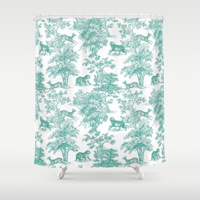 Toile de Jouy Vintage French Exotic Jungle Forest Teal & White Shower Curtain Gallery Image 1