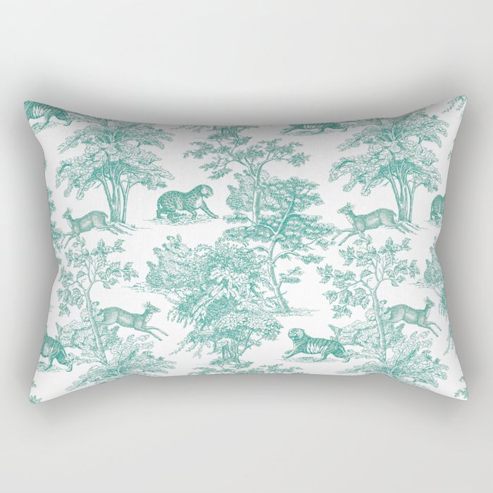 Toile de Jouy Vintage French Exotic Jungle Forest Teal & White Rectangular Pillow Gallery Image 1