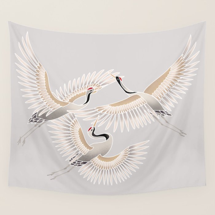 traditional Japanese cranes bright illustration Wall Tapestry Gallery Image 4