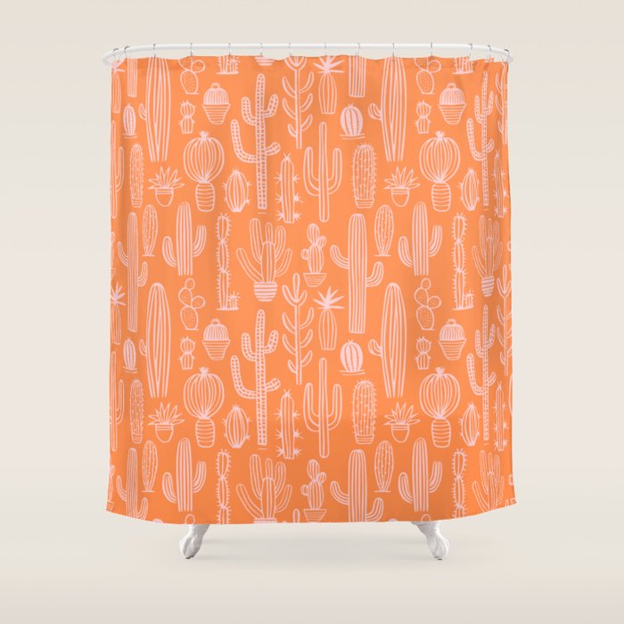 Retro hand drawn cactus plant pattern Shower Curtain Gallery Image 1