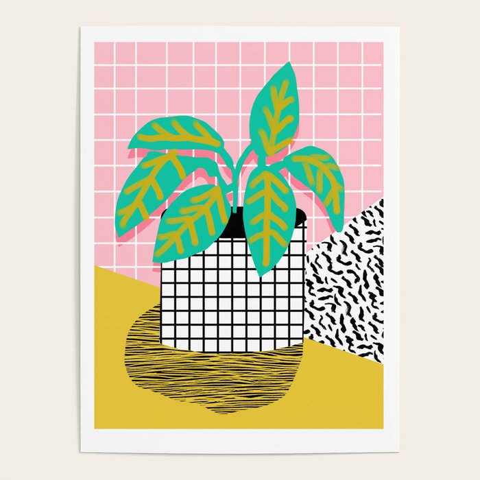 Get Real - potted plant throwback retro neon 1980s style art print minimal abstract grid lines shape Poster Gallery Image 1