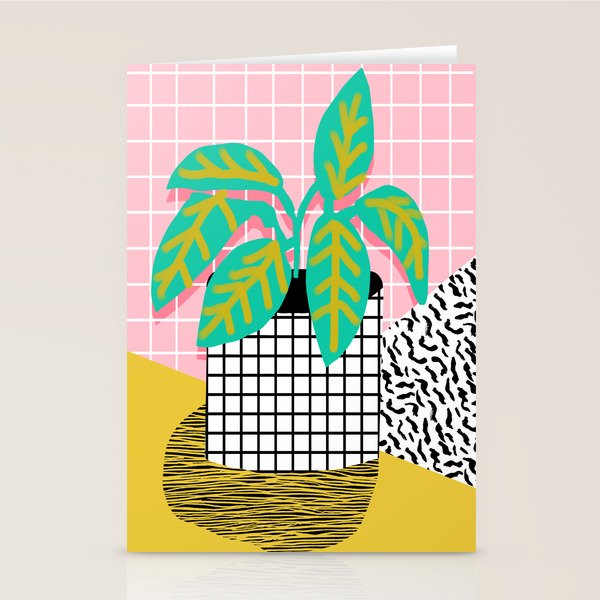 Get Real - potted plant throwback retro neon 1980s style art print minimal abstract grid lines shape Stationery Card Gallery Image 1