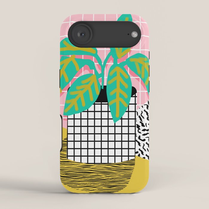 Get Real - potted plant throwback retro neon 1980s style art print minimal abstract grid lines shape iPhone Case Gallery Image 2