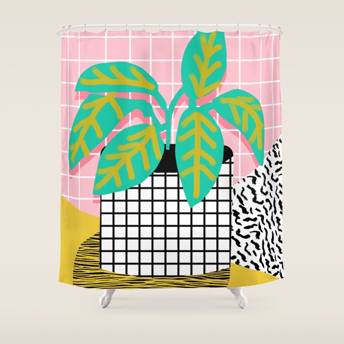Get Real - potted plant throwback retro neon 1980s style art print minimal abstract grid lines shape Shower Curtain Gallery Image 1