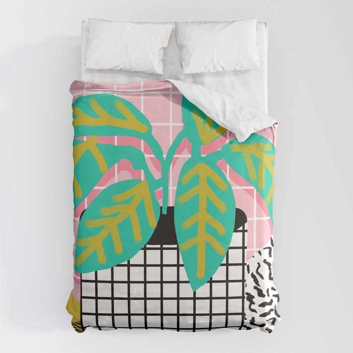 Get Real - potted plant throwback retro neon 1980s style art print minimal abstract grid lines shape Duvet Cover Gallery Image 1
