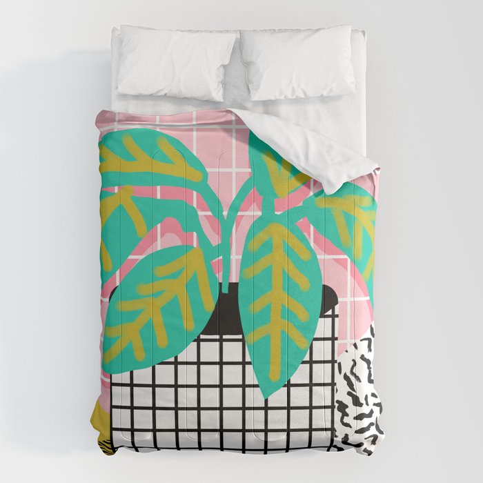 Get Real - potted plant throwback retro neon 1980s style art print minimal abstract grid lines shape Comforter Gallery Image 6