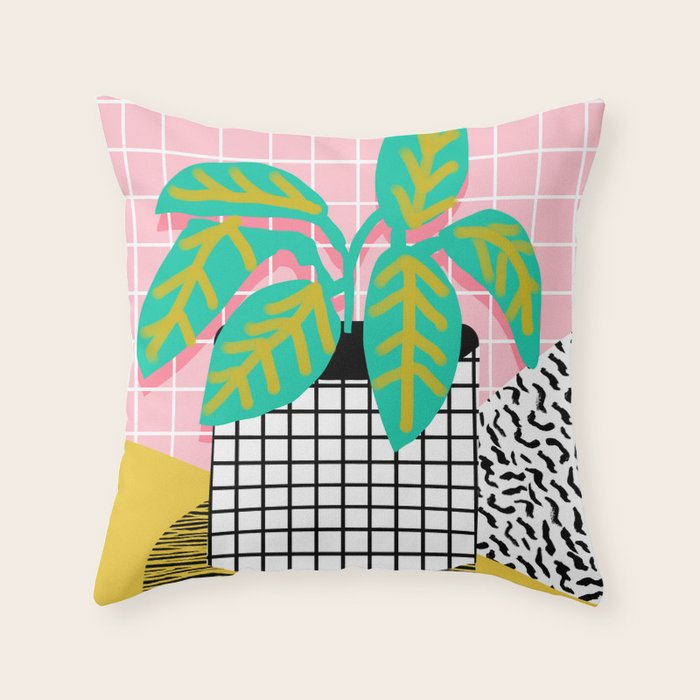 Get Real - potted plant throwback retro neon 1980s style art print minimal abstract grid lines shape Throw Pillow Gallery Image 6