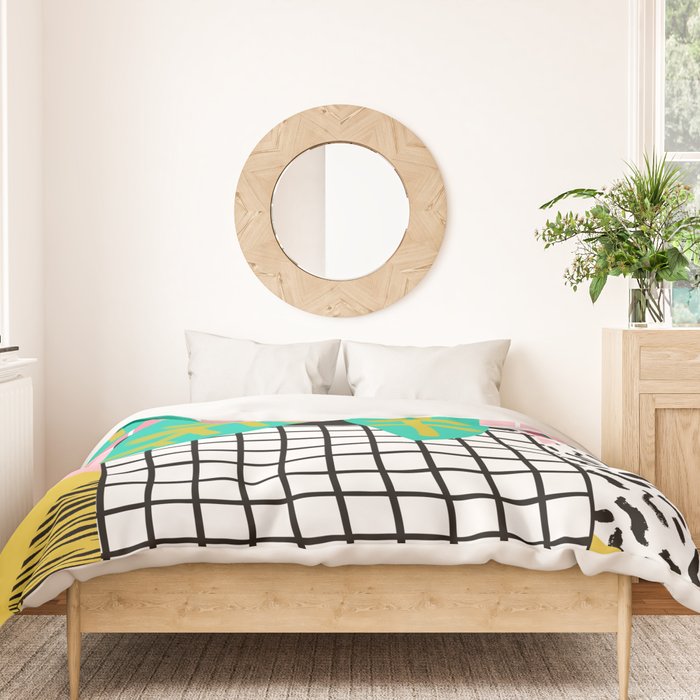 Get Real - potted plant throwback retro neon 1980s style art print minimal abstract grid lines shape Duvet Cover Gallery Image 3