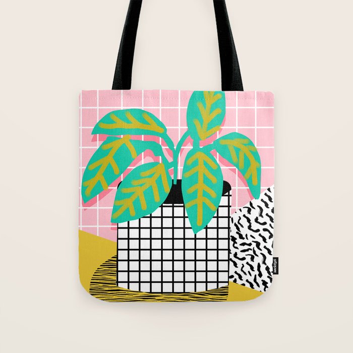Get Real - potted plant throwback retro neon 1980s style art print minimal abstract grid lines shape Tote Bag Gallery Image 1